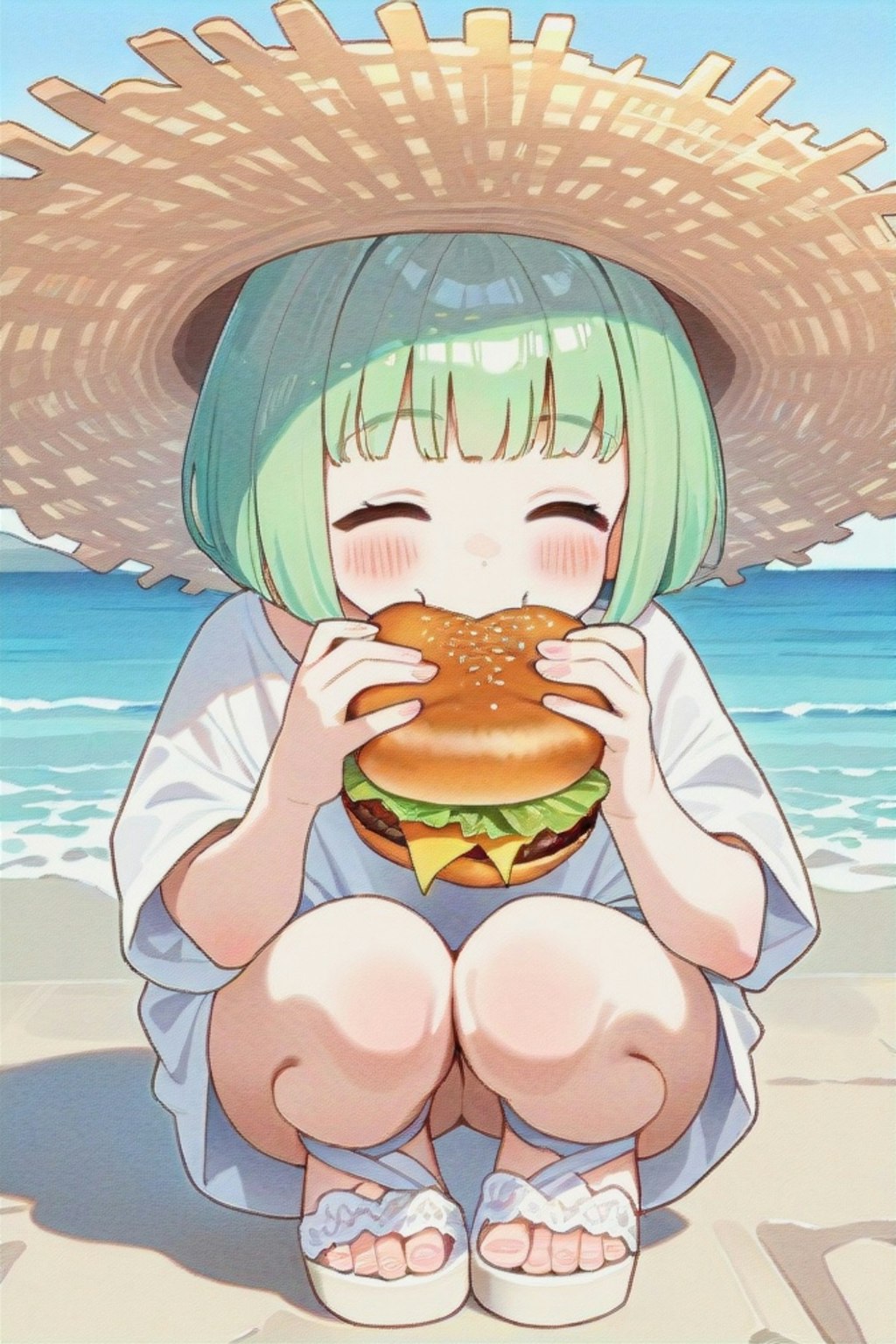ハンバーガーと緑髪ちゃん