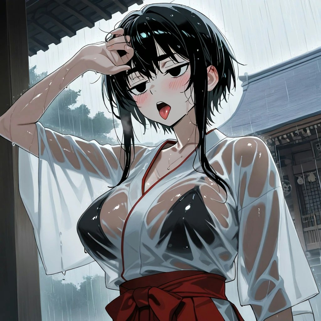 雨に降られたジト目巫女さん