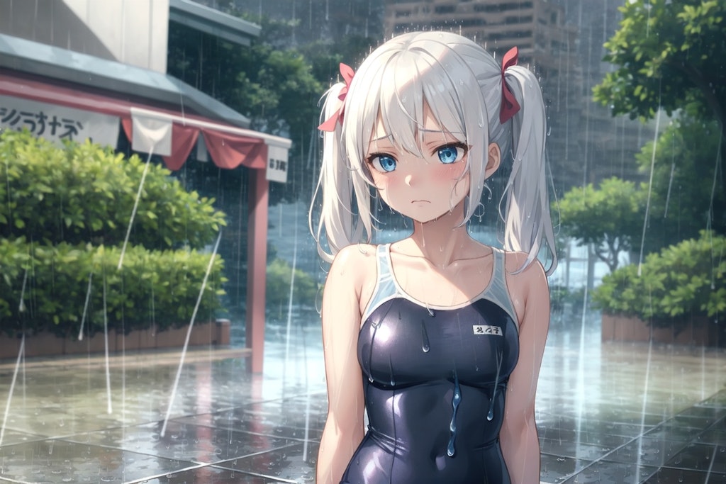 雨に打たれるスク水ツインテール少女