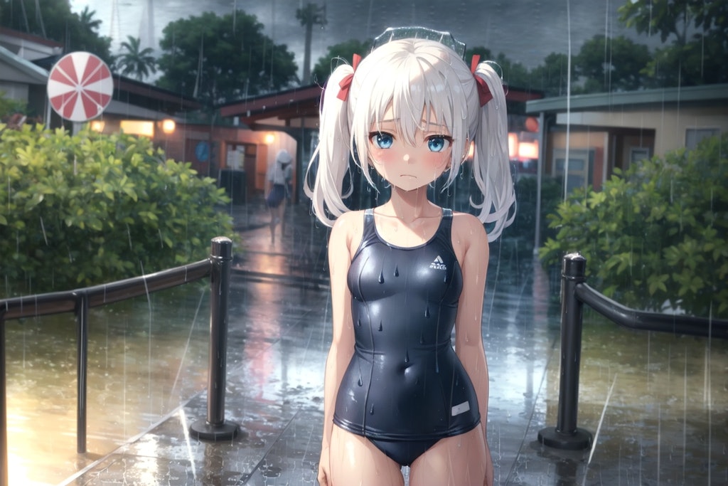 雨に打たれるスク水ツインテール少女