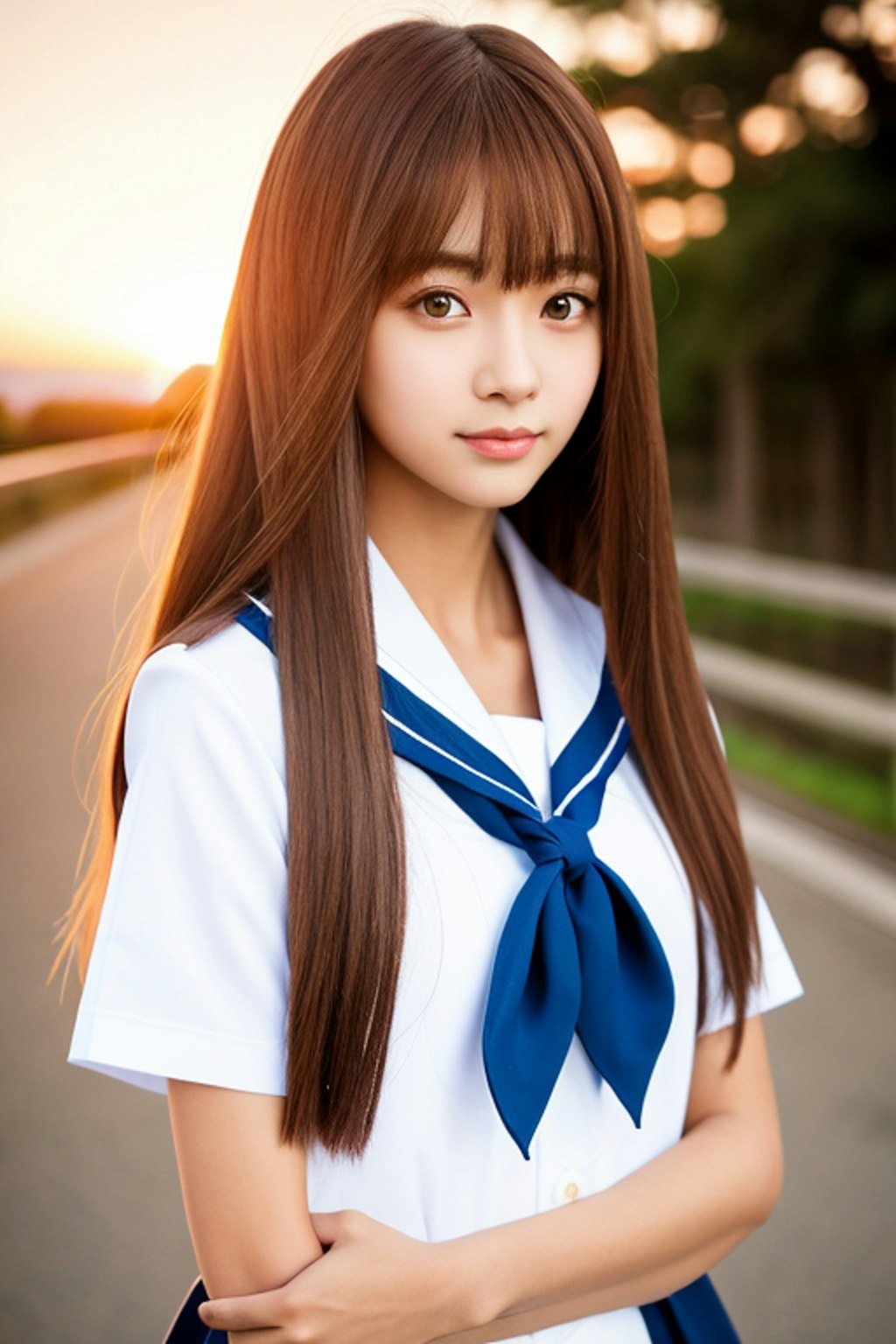 かわいいセーラー服の女の子　夕日がまぶしい