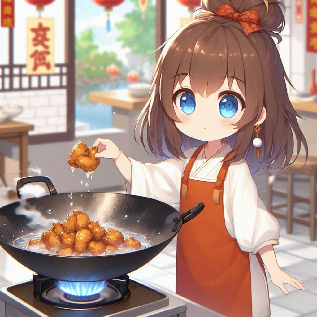 鶏皮を炒めて鶏油を出してる小さな女の子