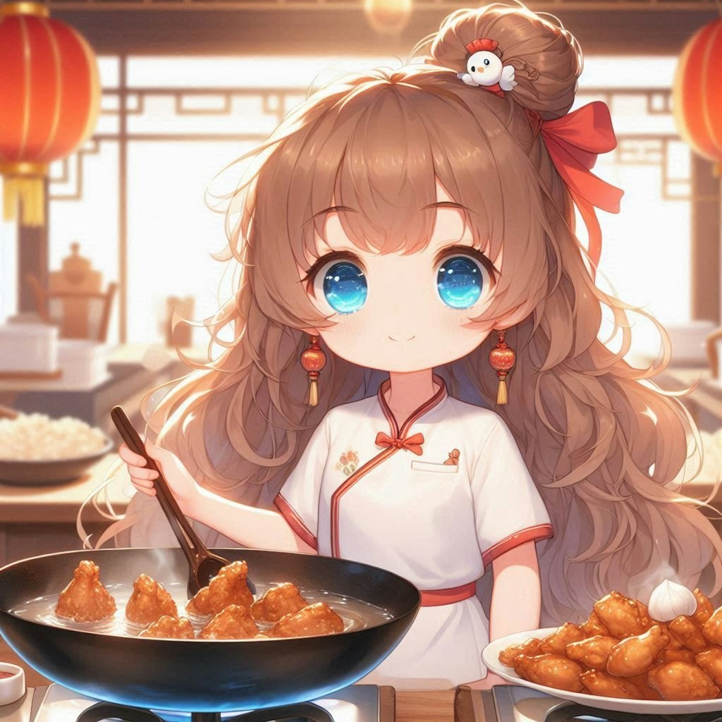 鶏皮を炒めて鶏油を出してる小さな女の子