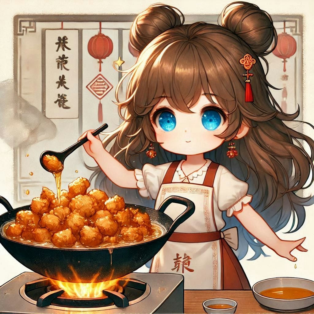 鶏皮を炒めて鶏油を出してる小さな女の子