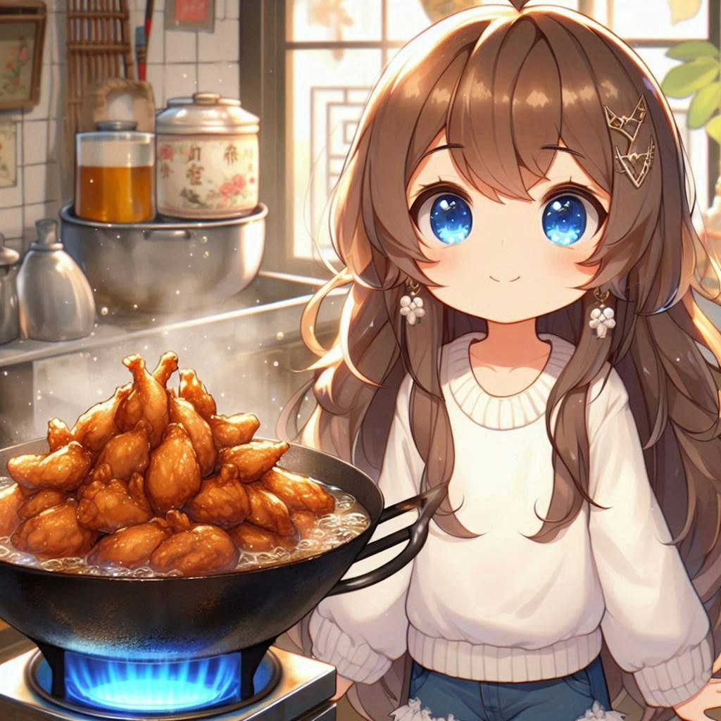 鶏皮を炒めて鶏油を出してる小さな女の子