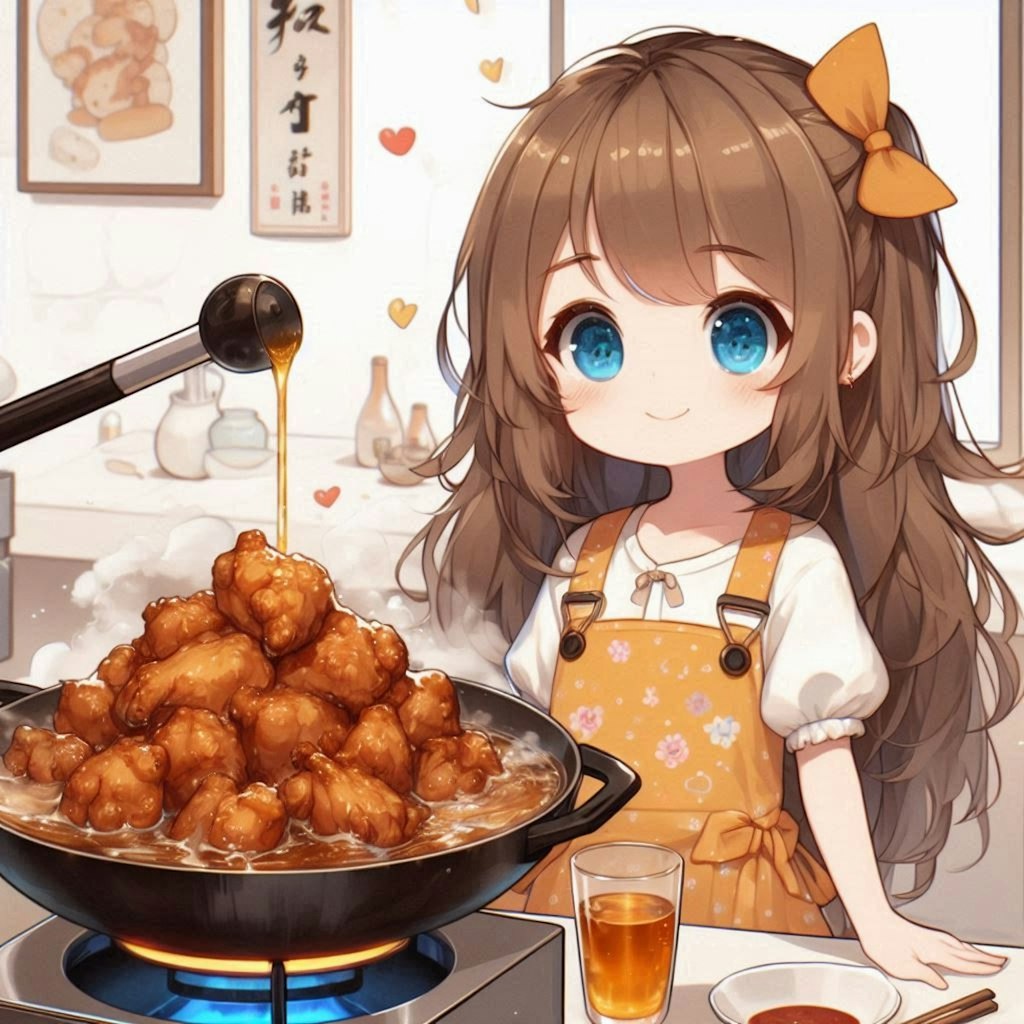 鶏皮を炒めて鶏油を出してる小さな女の子