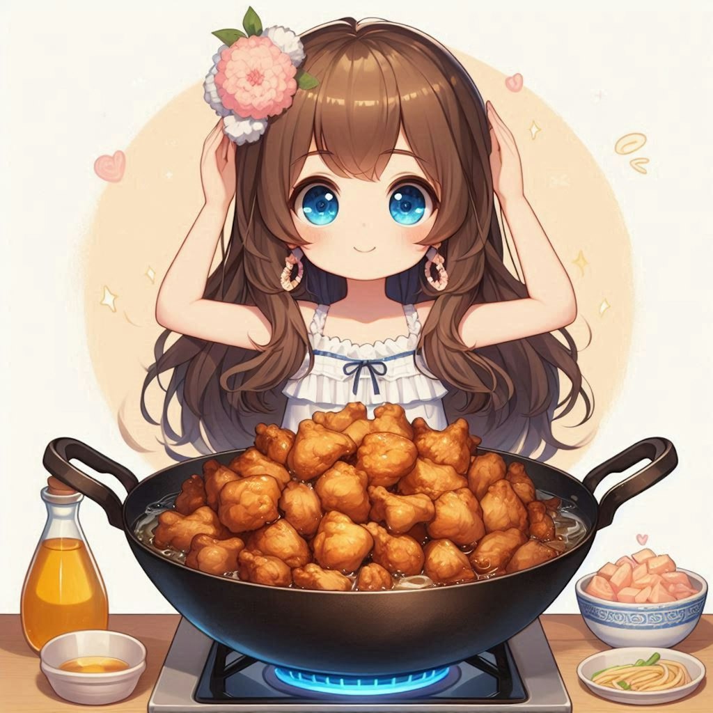 鶏皮を炒めて鶏油を出してる小さな女の子