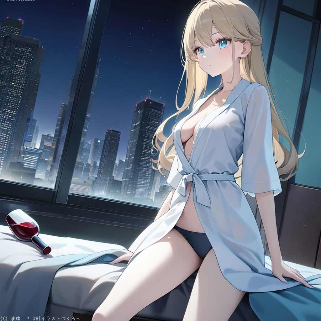 夜景の見えるタワマン、美女とワイン絵になります。