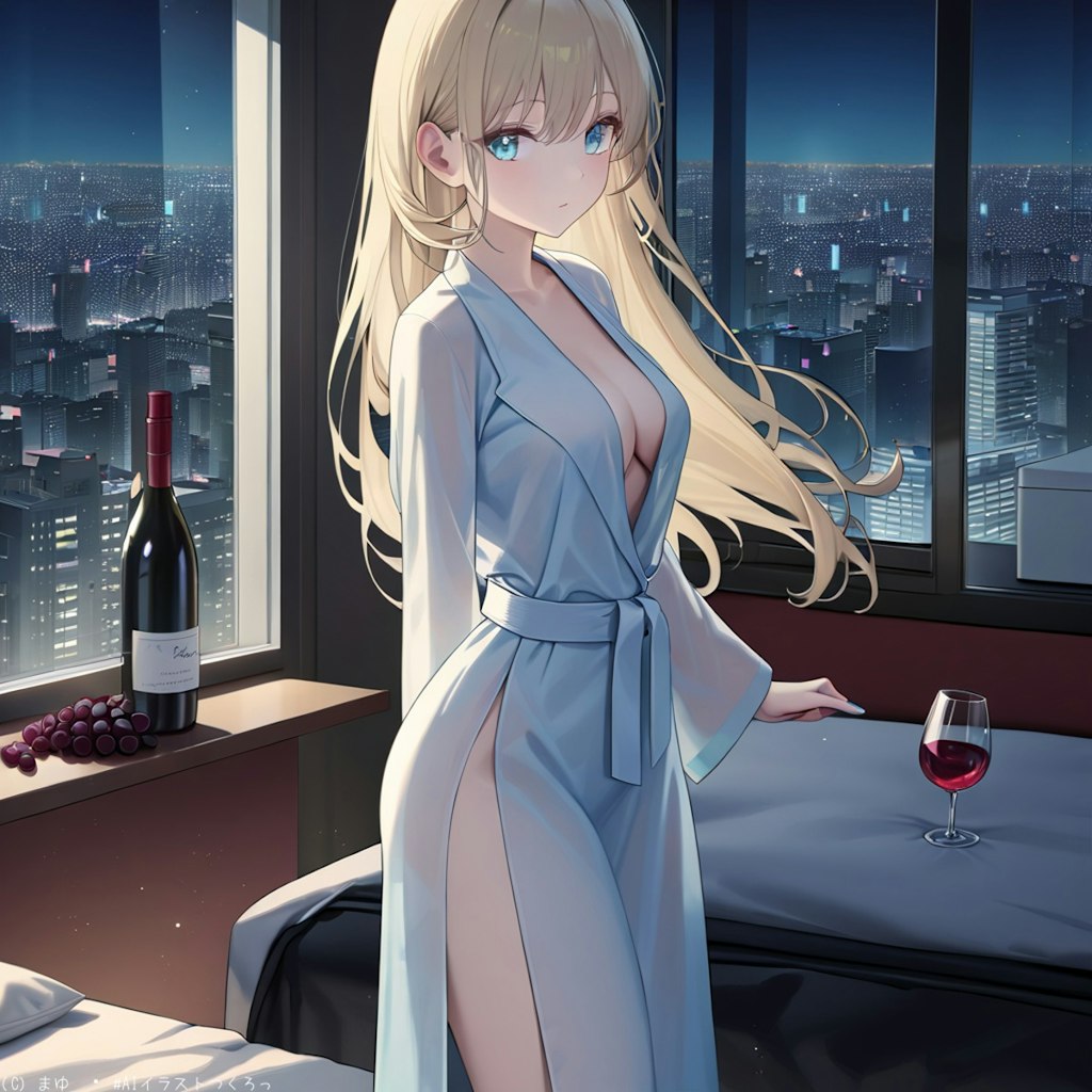 夜景の見えるタワマン、美女とワイン絵になります。