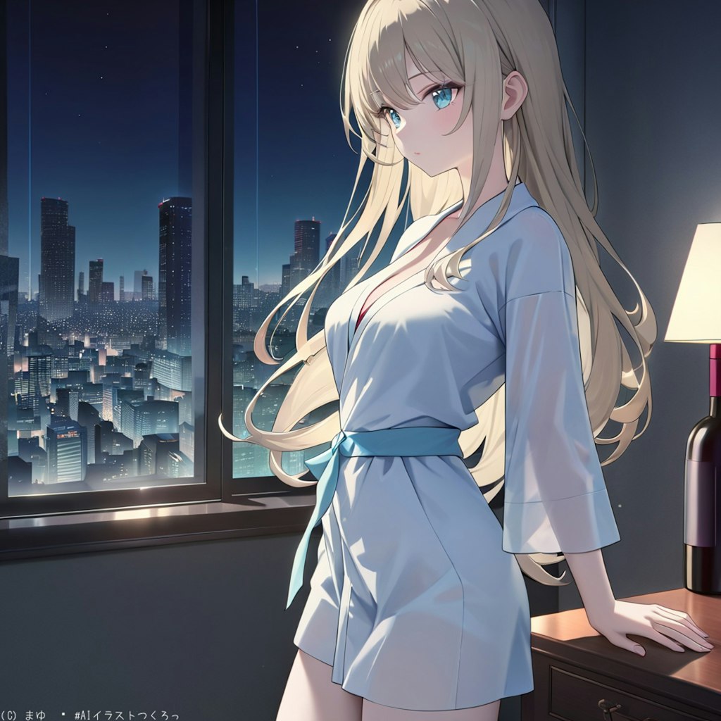 夜景の見えるタワマン、美女とワイン絵になります。