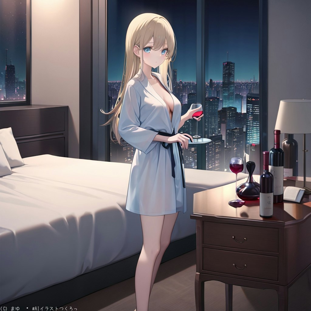 夜景の見えるタワマン、美女とワイン絵になります。