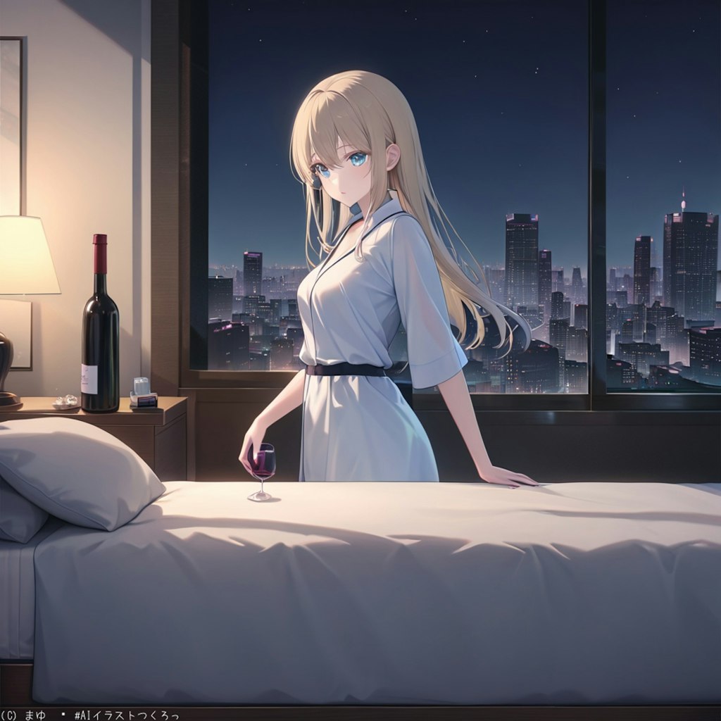 夜景の見えるタワマン、美女とワイン絵になります。