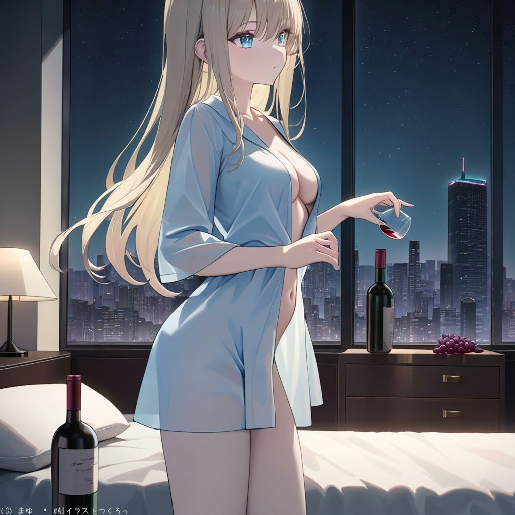 夜景の見えるタワマン、美女とワイン絵になります。