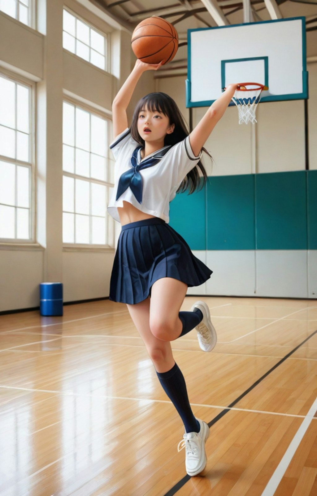 バスケットボールをするセーラー女子