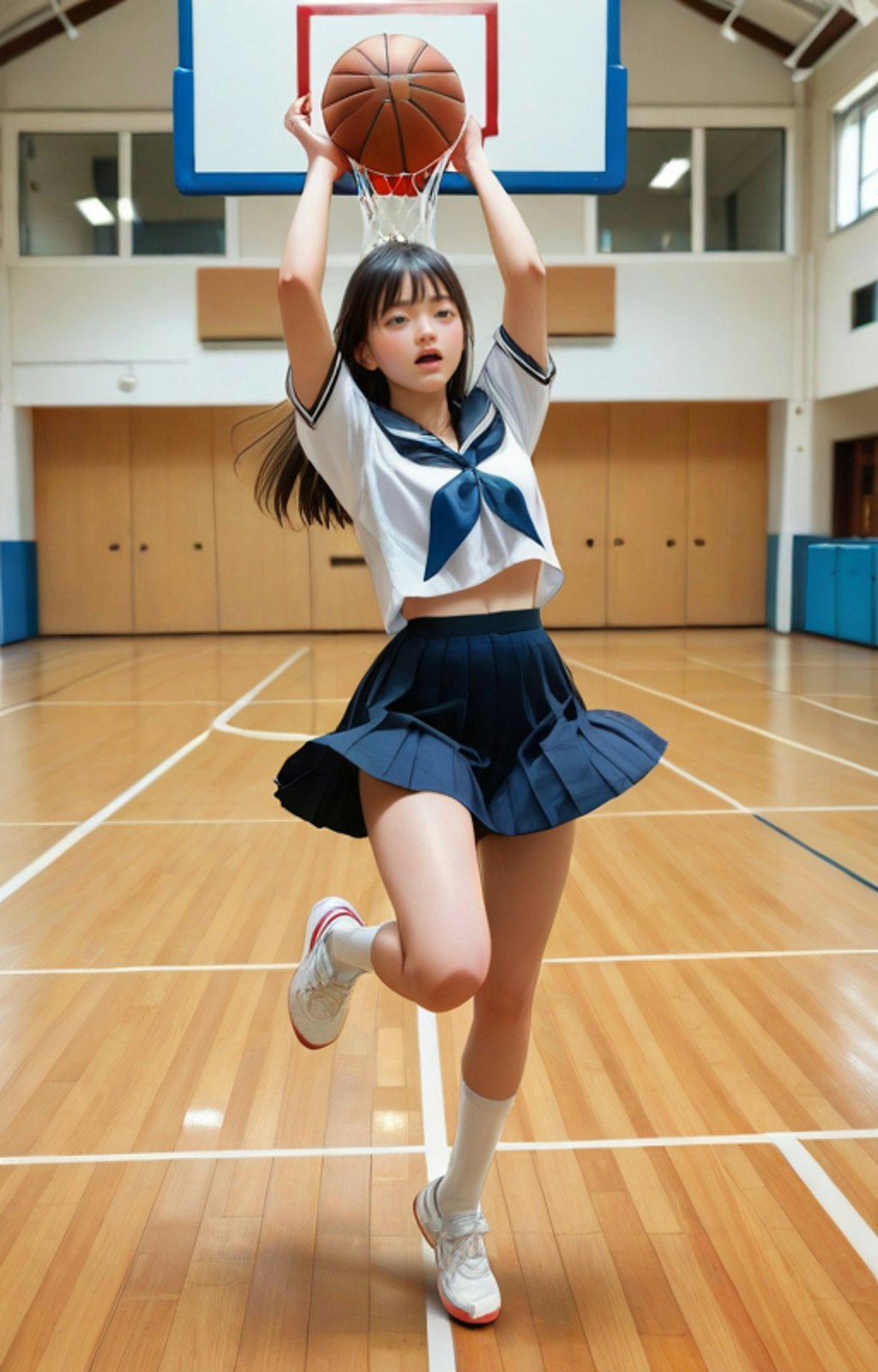 バスケットボールをするセーラー女子