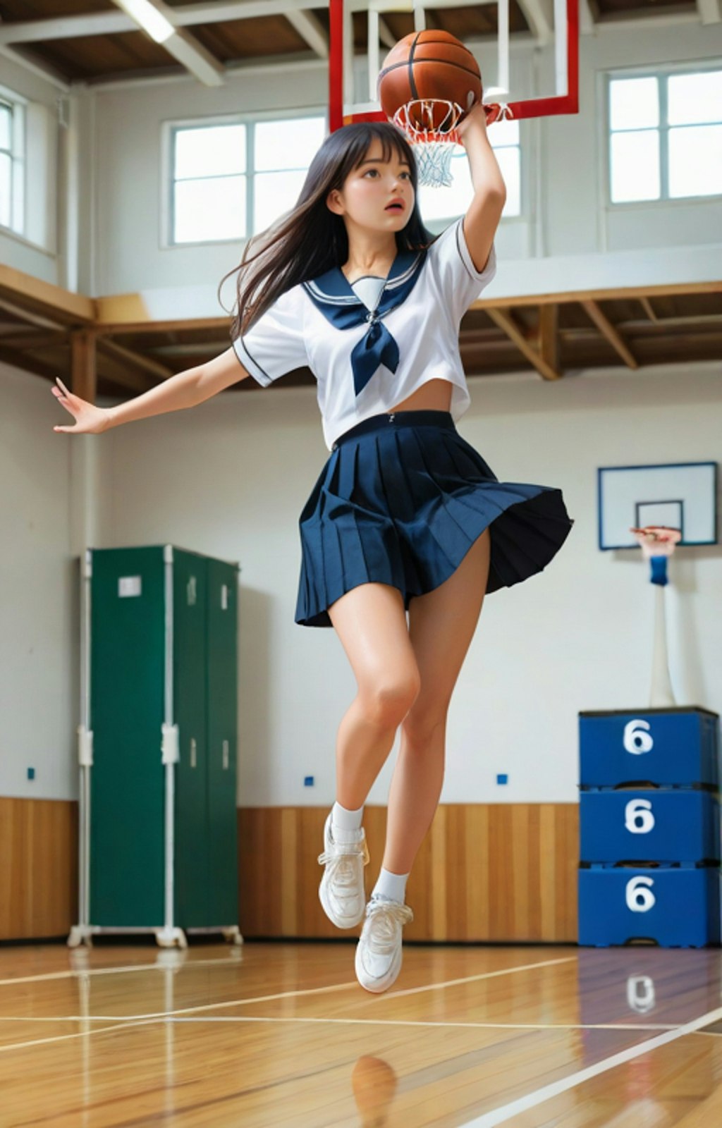 バスケットボールをするセーラー女子