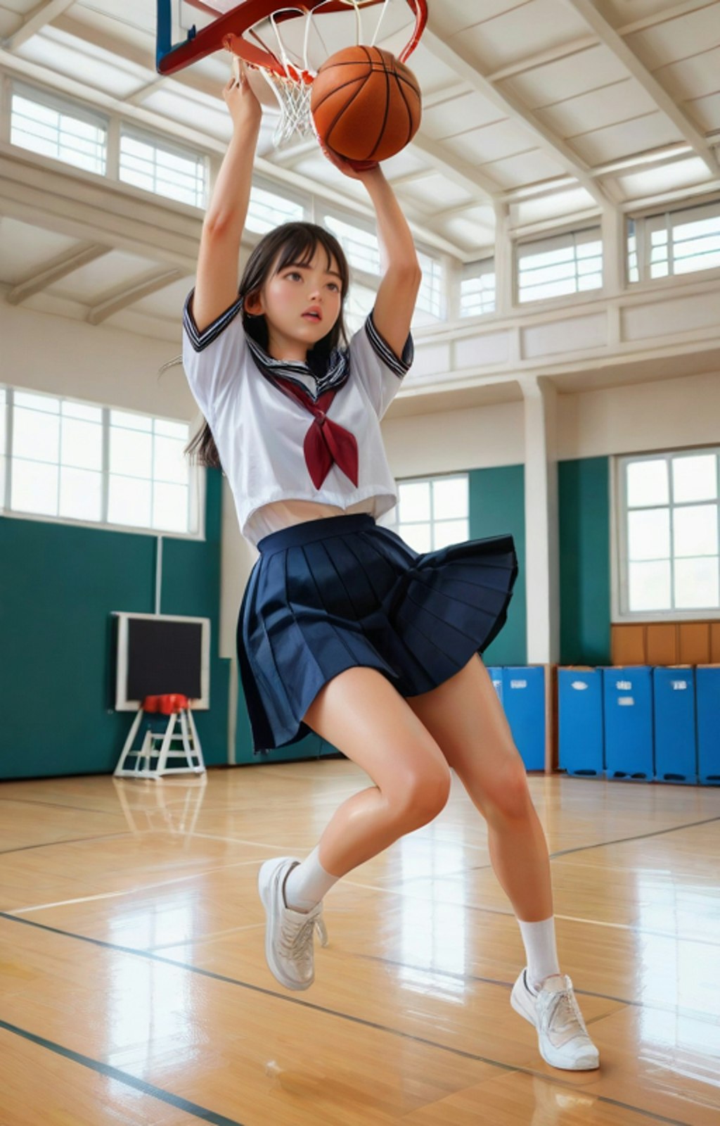 バスケットボールをするセーラー女子