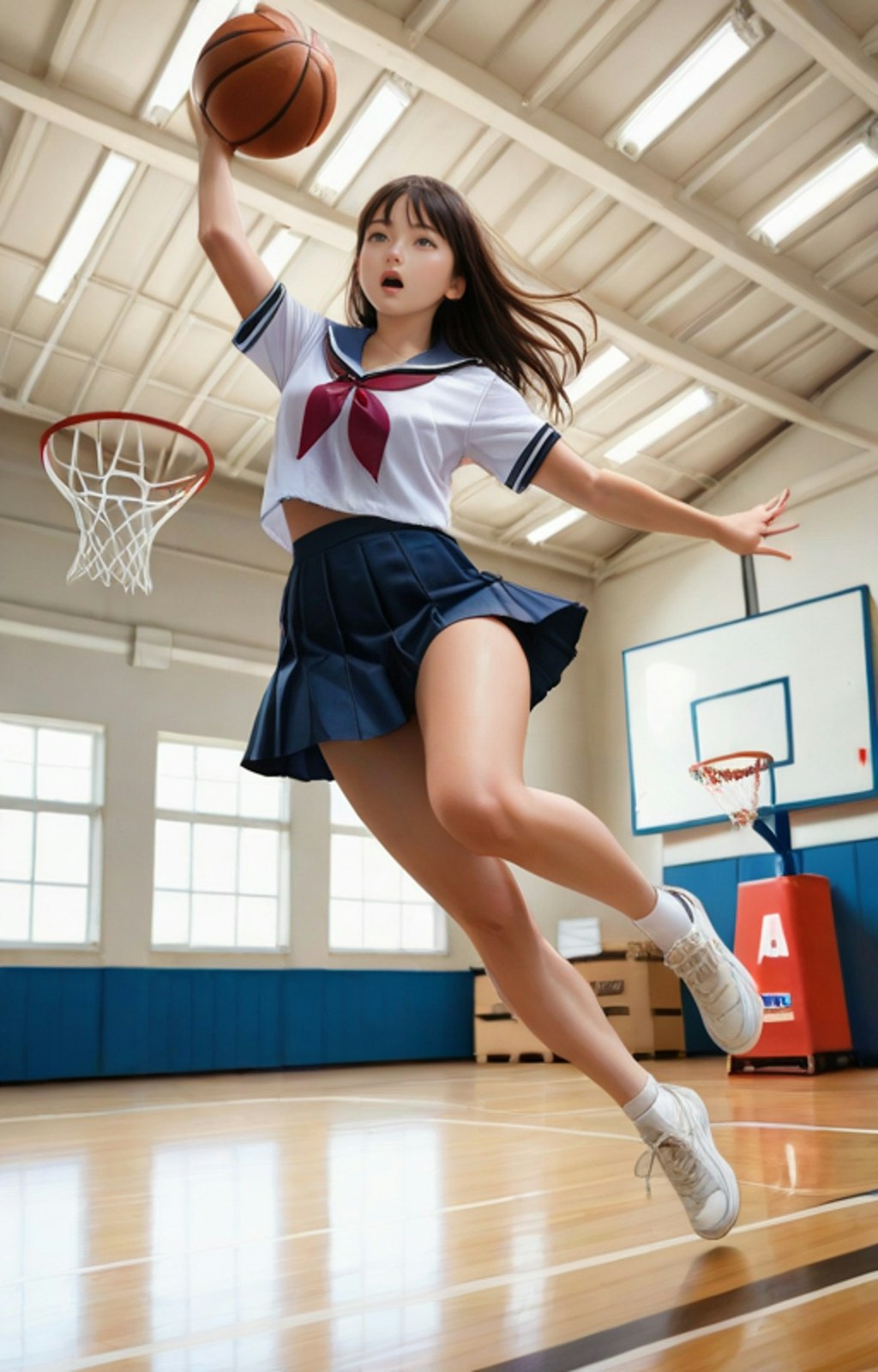 バスケットボールをするセーラー女子
