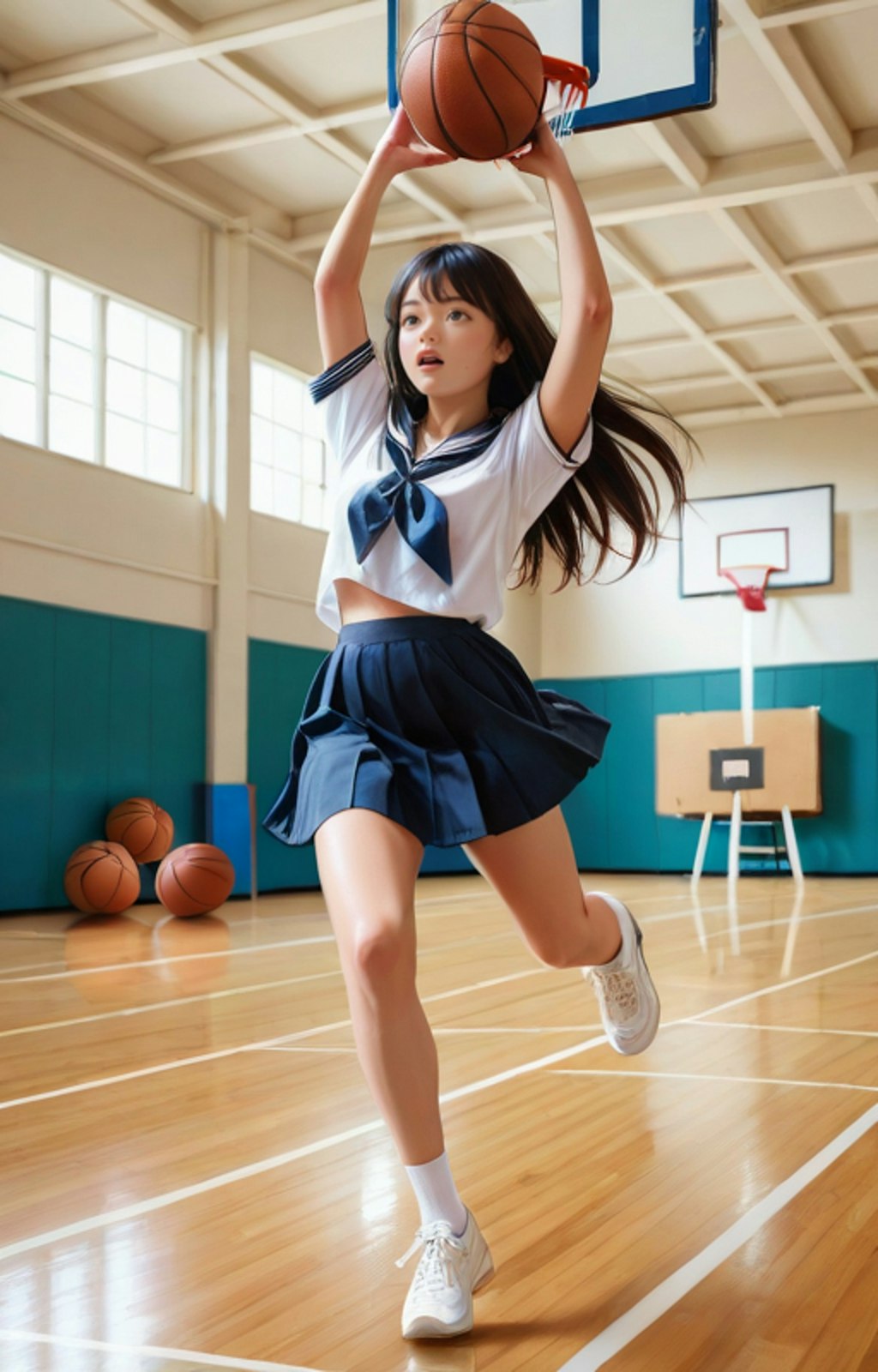 バスケットボールをするセーラー女子