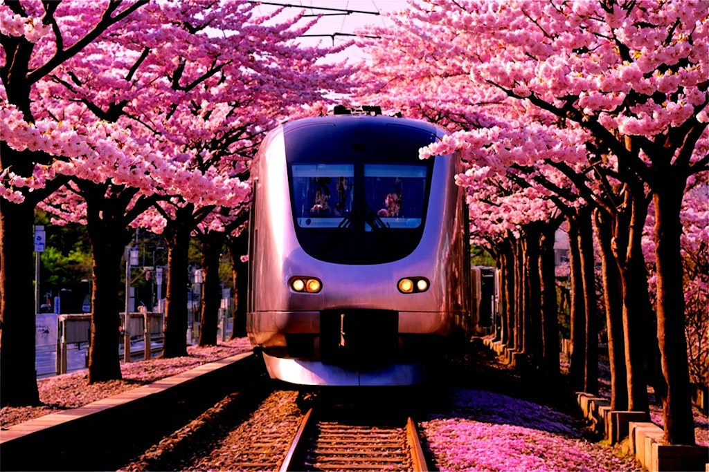 新旧、桜のトンネルを往く鉄道