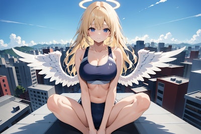 ビルの屋上の端に座るスポーツウェアの天使 01