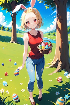 rabbit girl holding basket containing easter eggs
