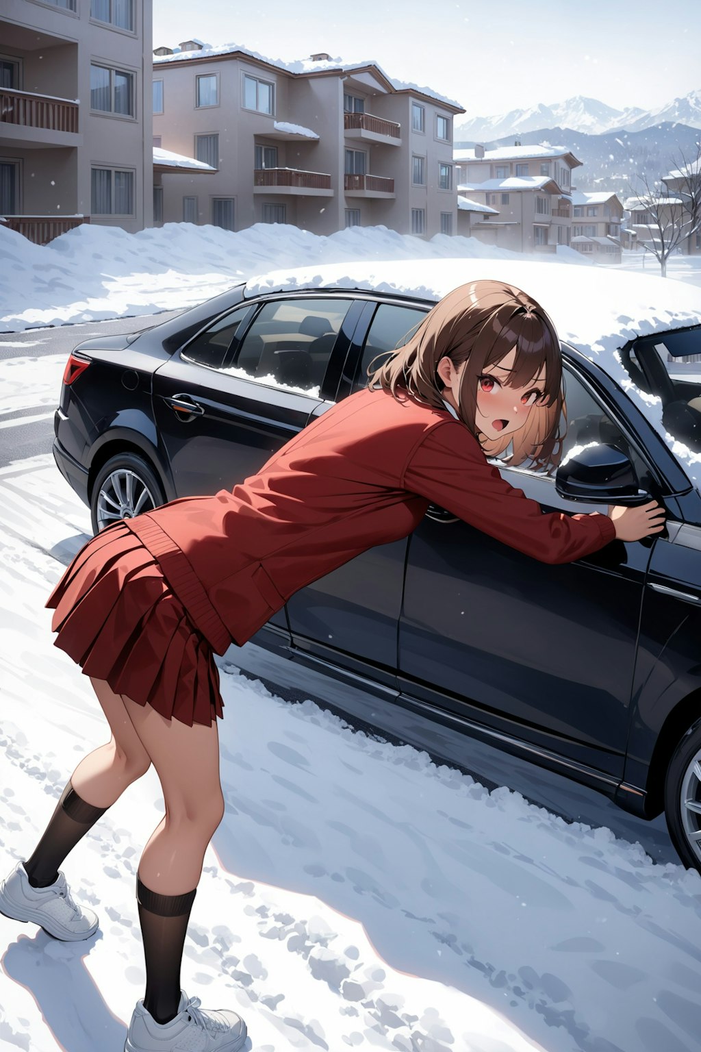 スタックした車を押す優しい女の子