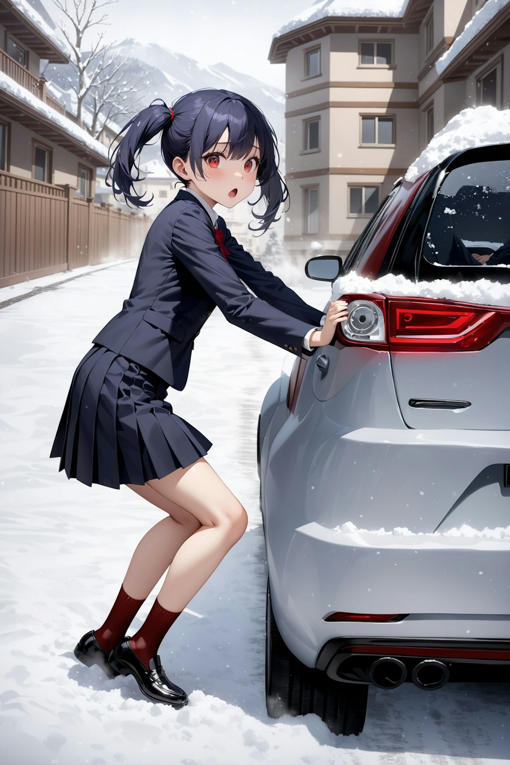 スタックした車を押す優しい女の子