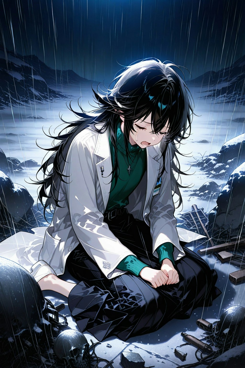 雨と泣き崩れる女科学者