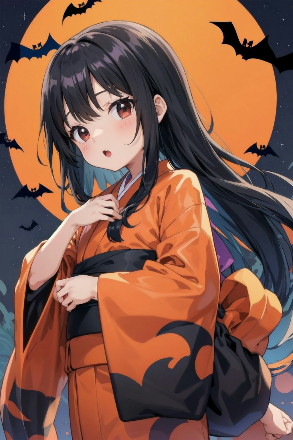 ハロウィンの夜に浴衣の少女と