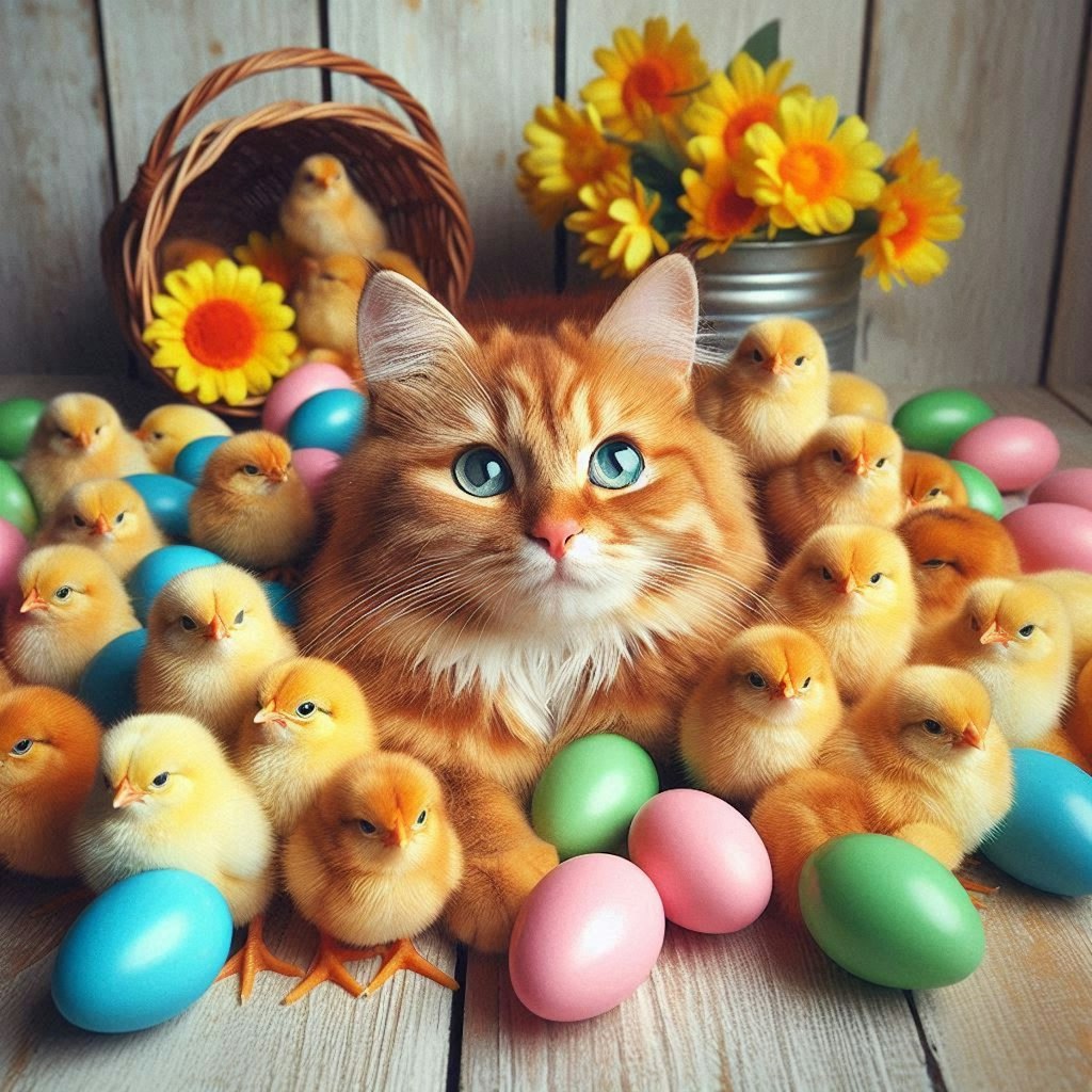 ひよこに囲まれる猫