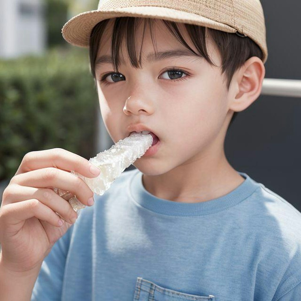 氷を食べる少年