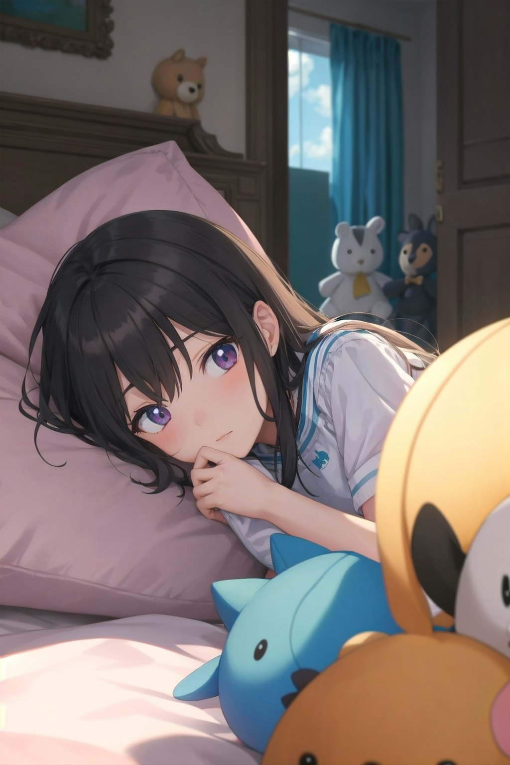 ぬいぐるみで満たされた部屋のベッドでぬいぐるみ達に埋もれる少女