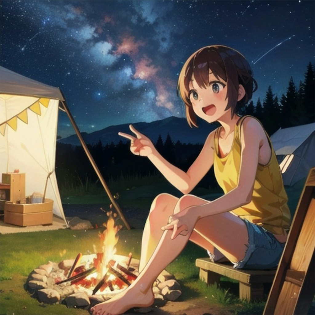 星空と焚き火と女の子🌌🔥👧