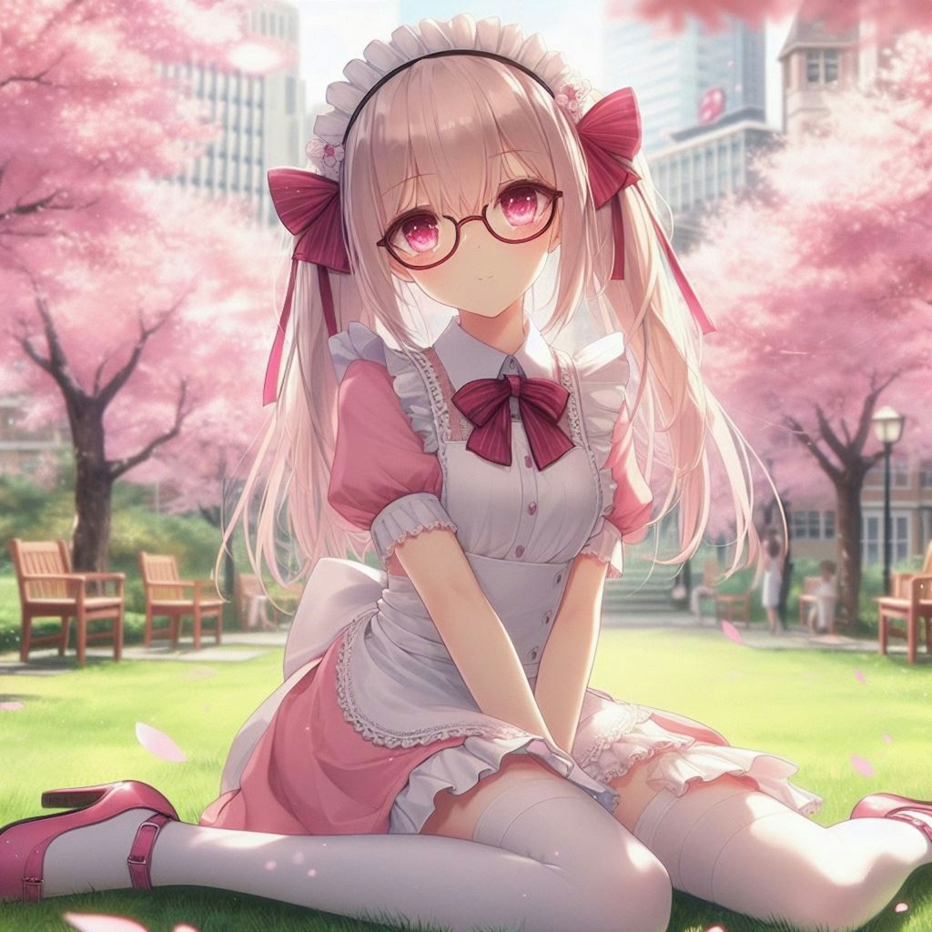 桜の樹とツインテメガネメイド👓🌸