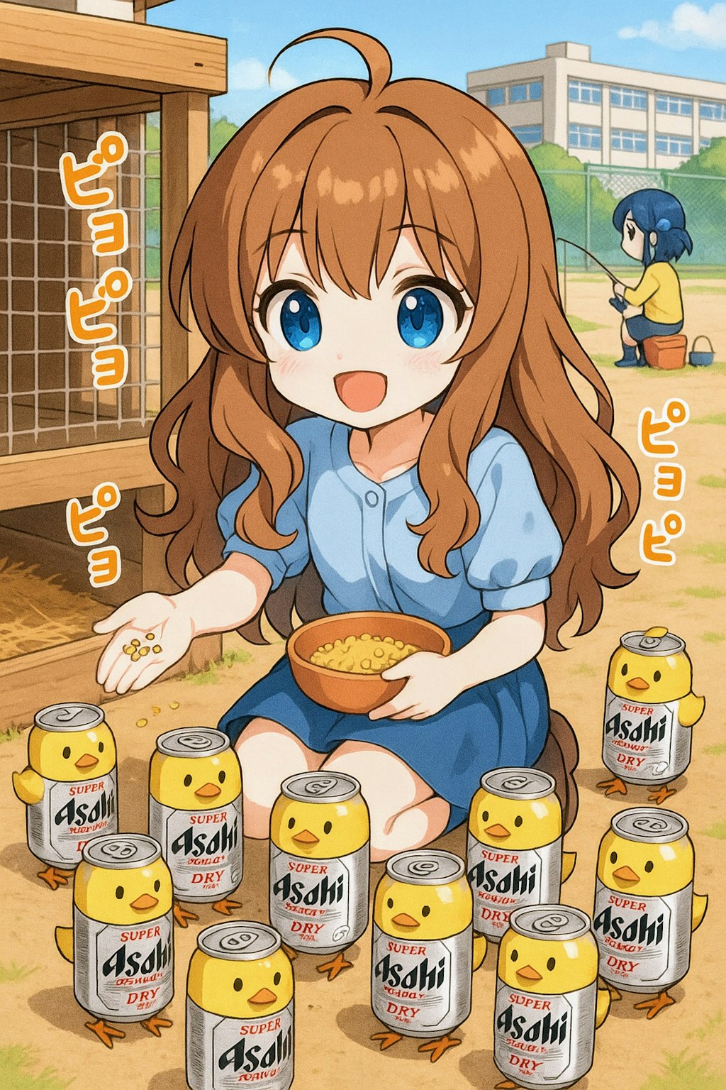 ひよこを育てる小さな女の子