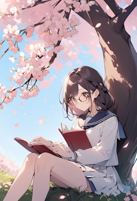 桜の木の下で勉強中
