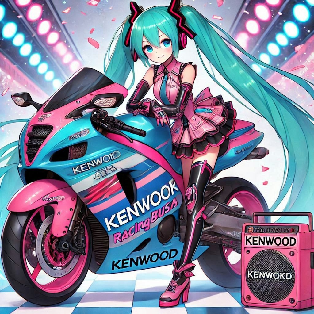 ケンウッドカラースズキ隼のレーシングバイクとチアガール初音ミク