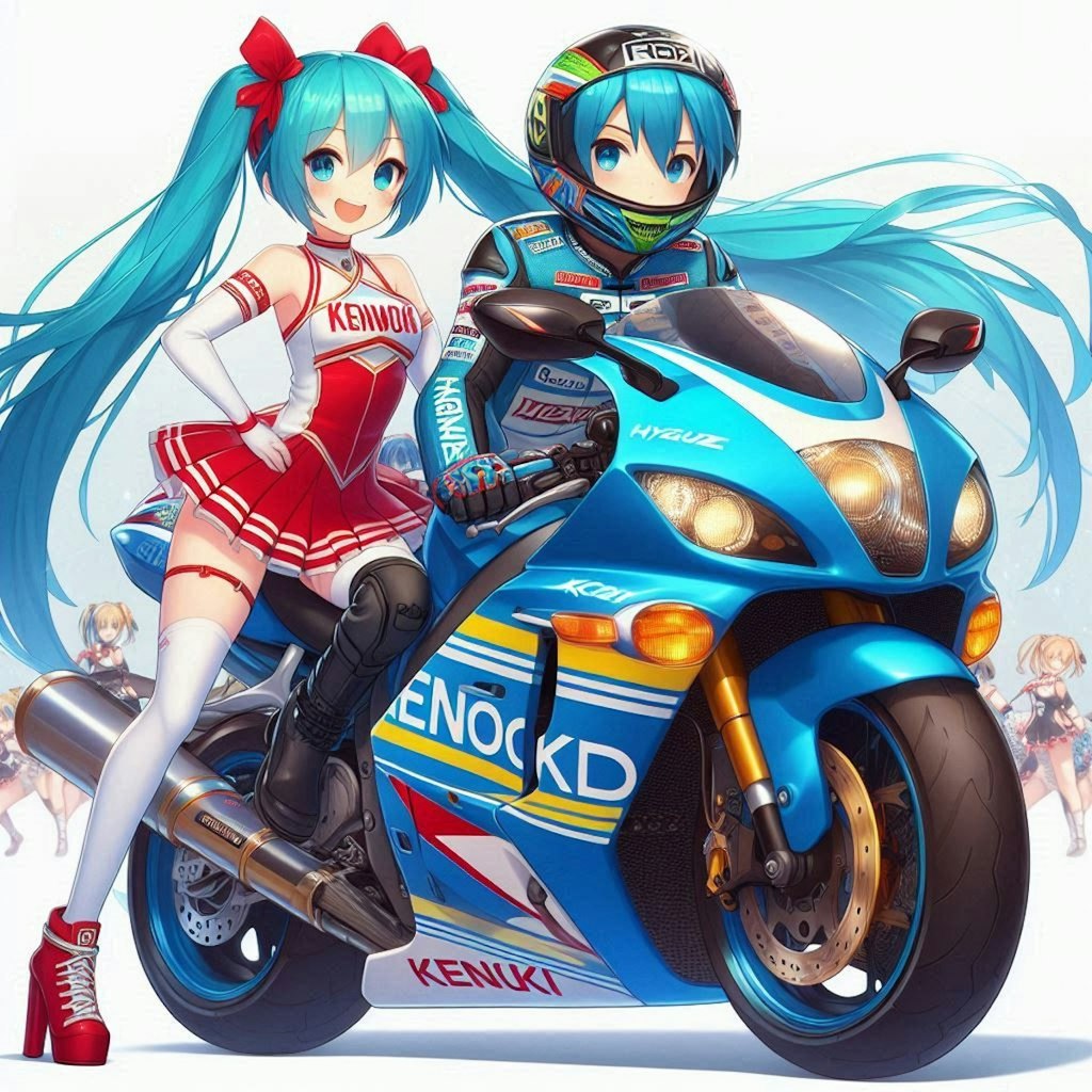 ケンウッドカラースズキ隼のレーシングバイクとチアガール初音ミク