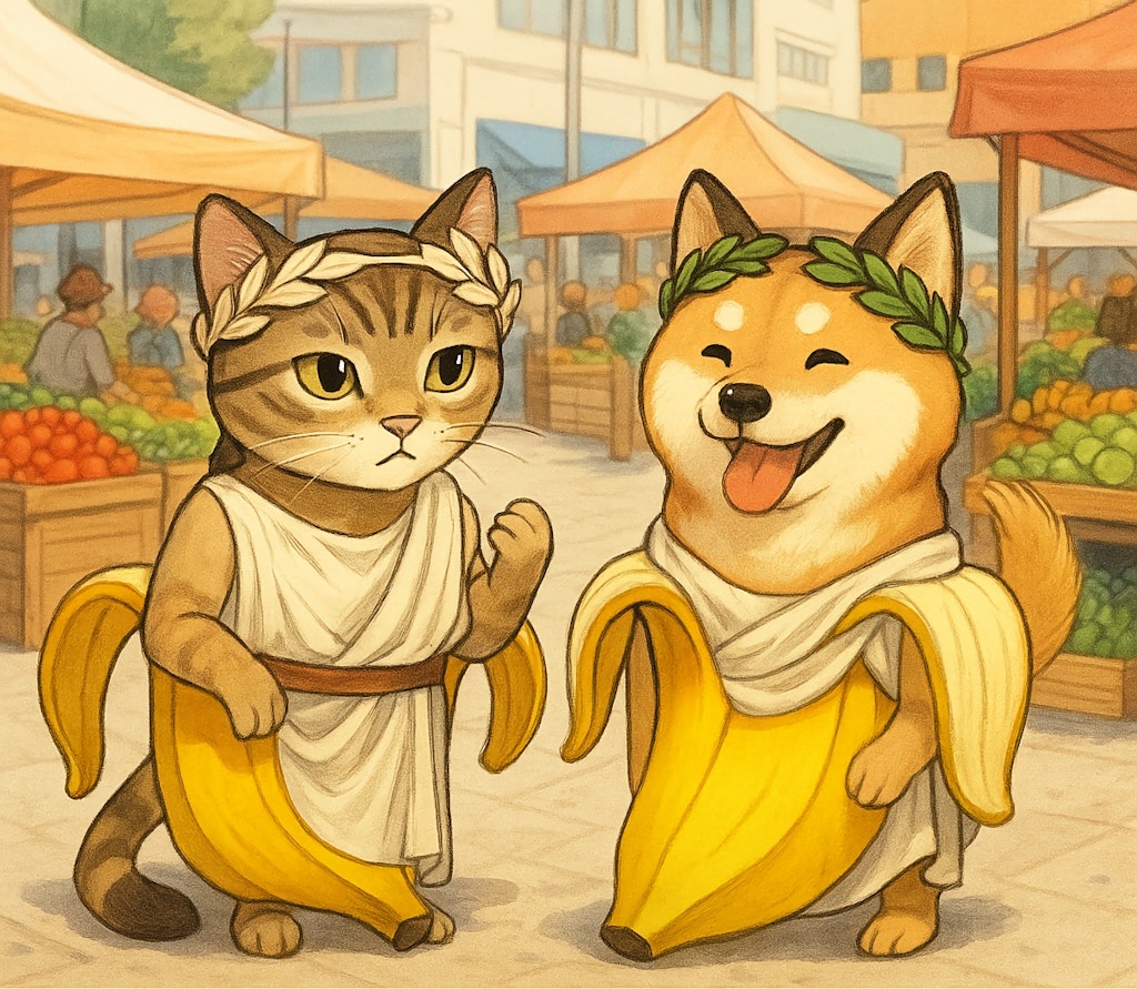古代ギリシャ衣装で現代の市場を訪ねるバナにゃんとバナわん