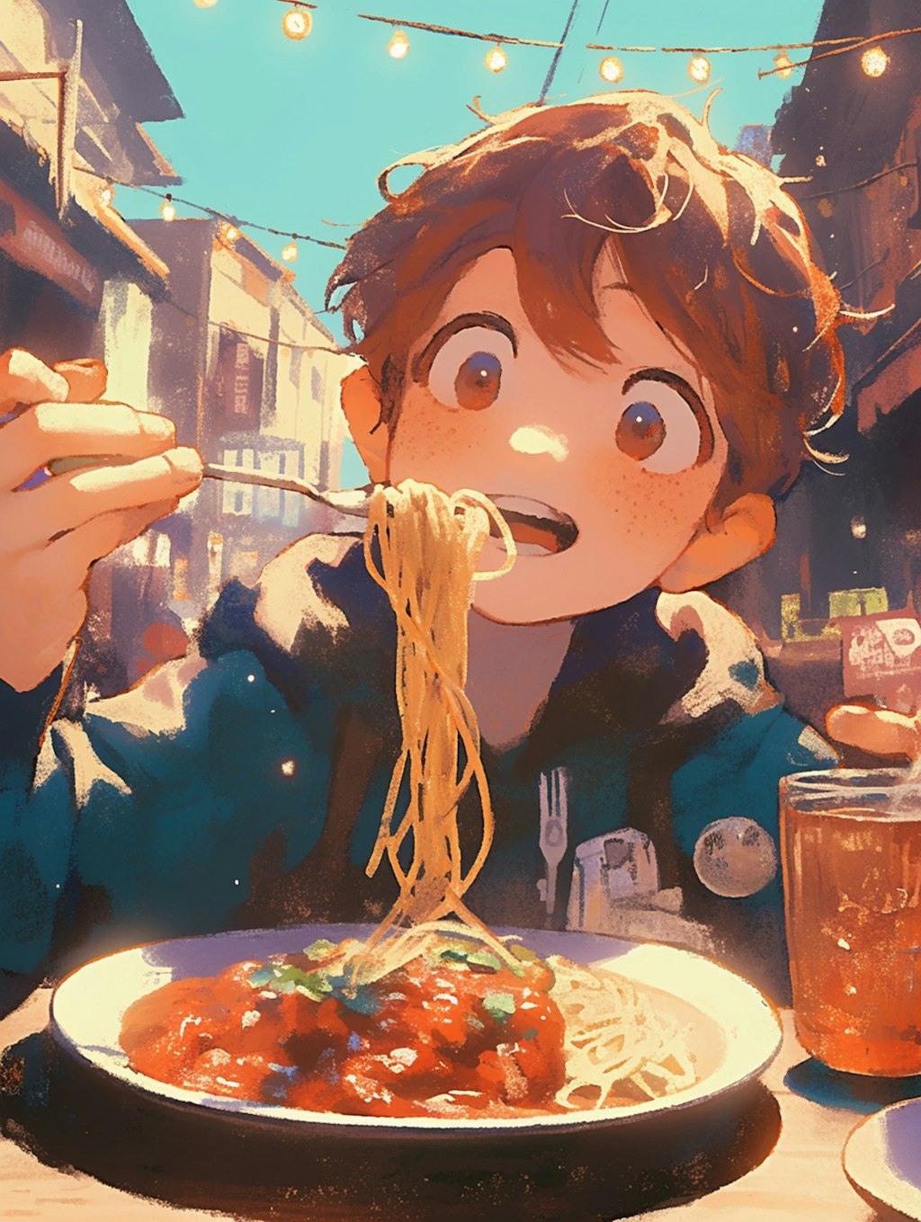 パスタを食べる少年