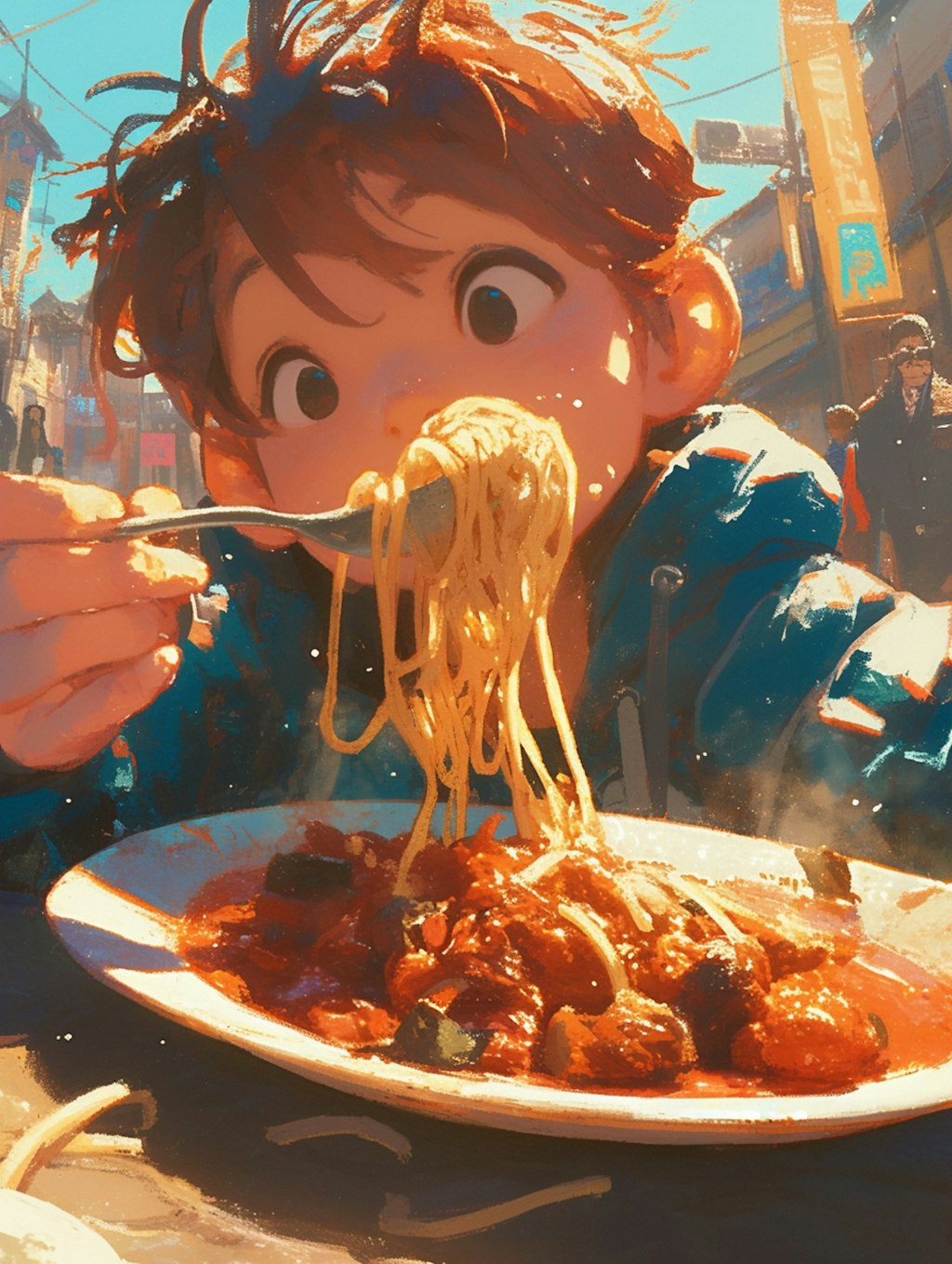 パスタを食べる少年