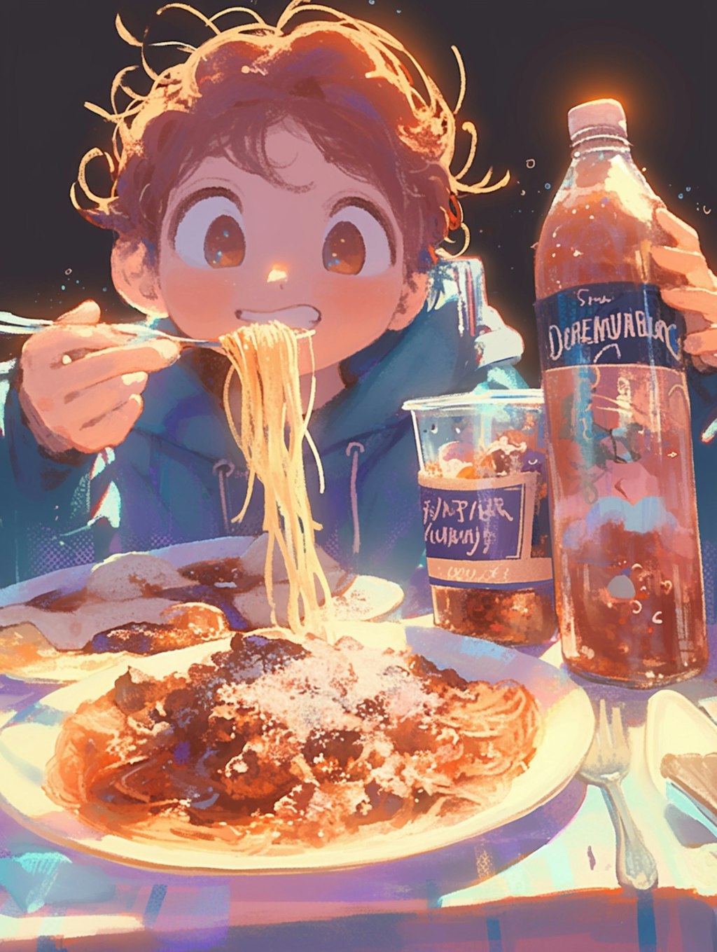 パスタを食べる少年