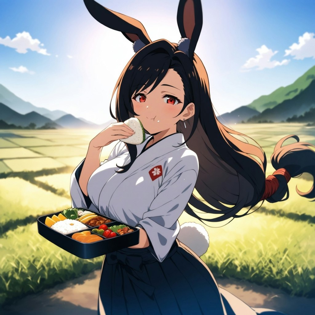 水彩アニメ風おにぎり食べるうさ耳兎娘サムライコスプレ人妻ピクニック