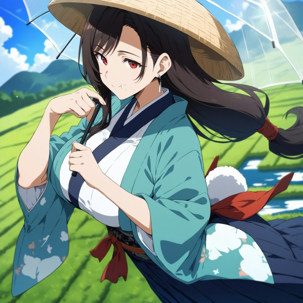 水彩アニメ風おにぎり食べるうさ耳兎娘サムライコスプレ人妻ピクニック
