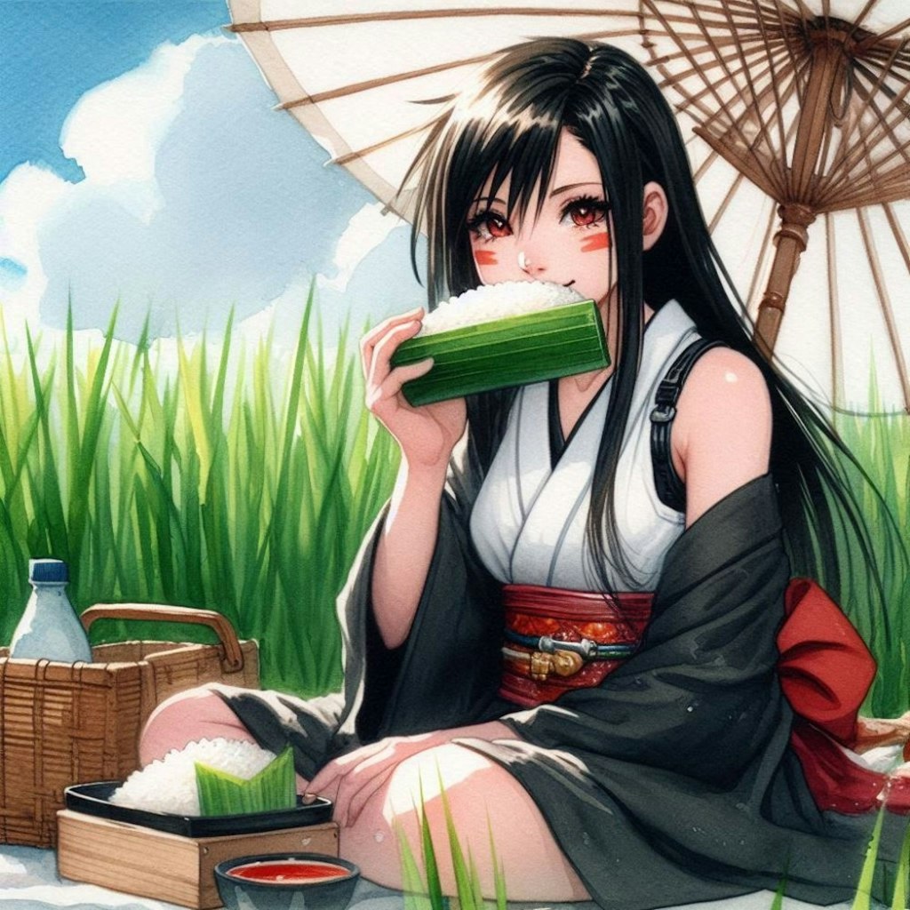 水彩アニメ風おにぎり食べるうさ耳兎娘サムライコスプレ人妻ピクニック