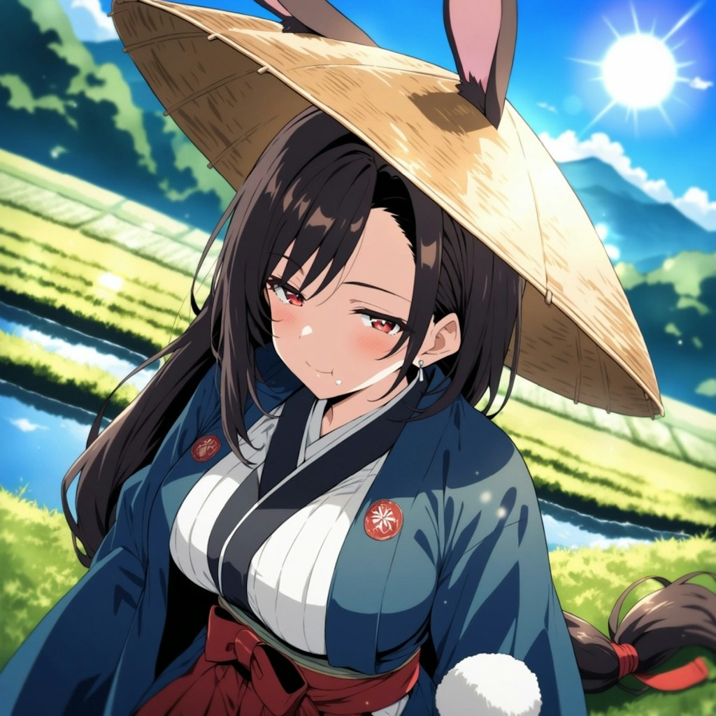 水彩アニメ風おにぎり食べるうさ耳兎娘サムライコスプレ人妻ピクニック