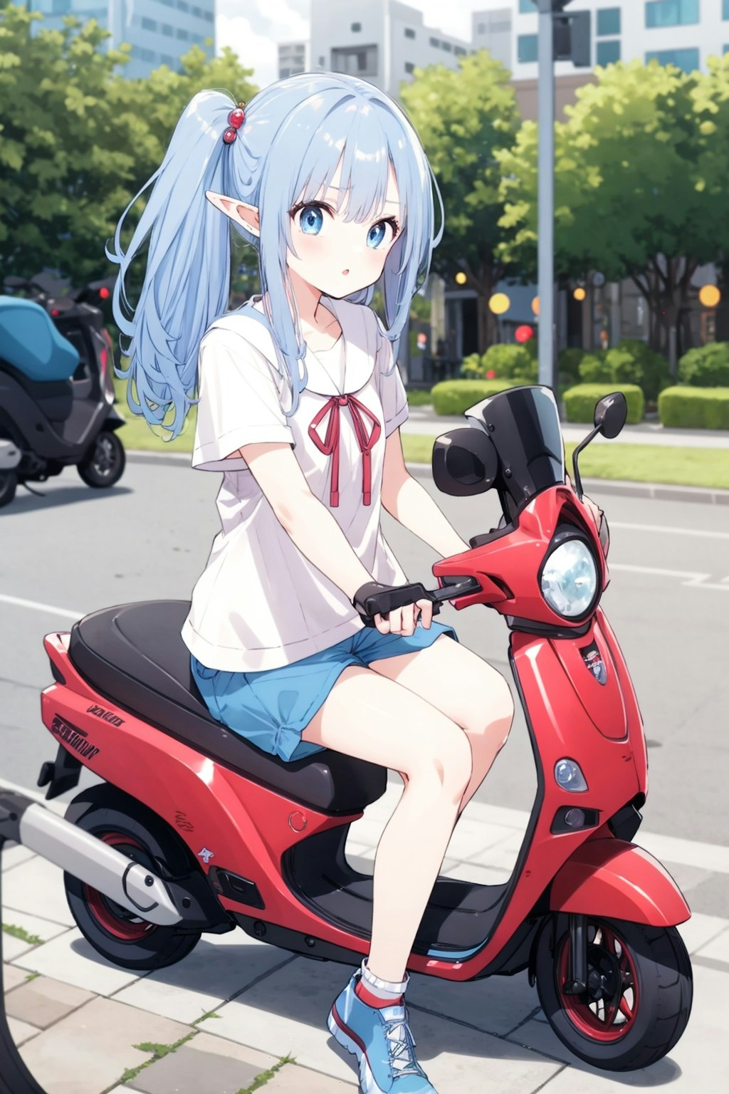 バイクに乗るエルフ少女