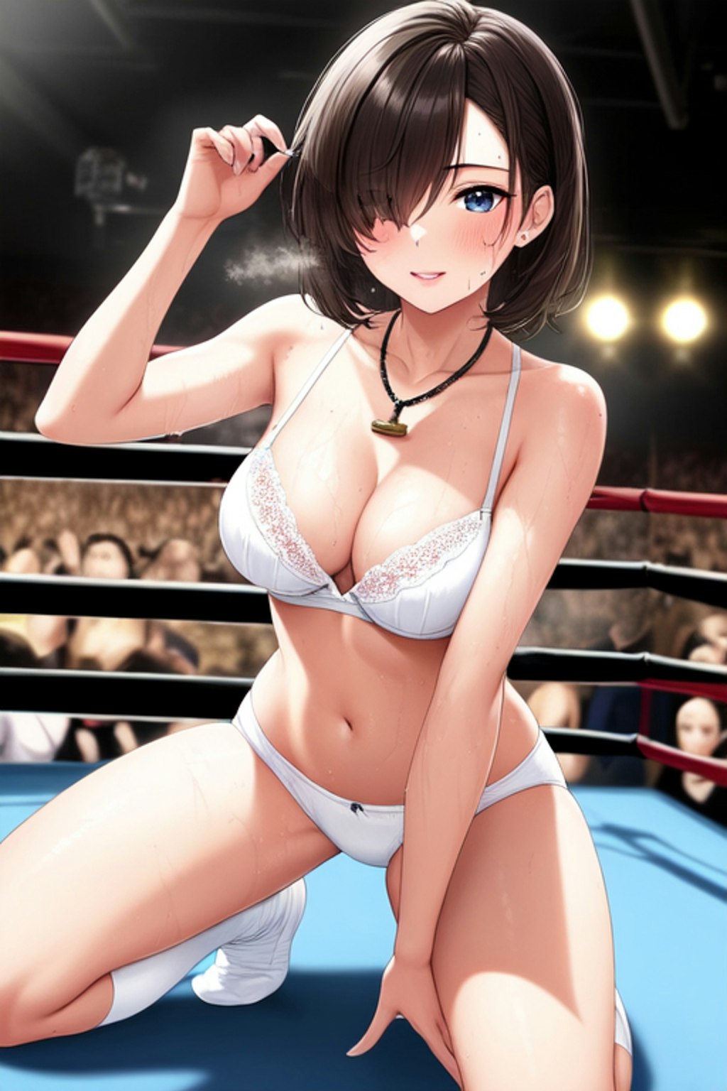 プロレスで汗だくの目隠れ女子