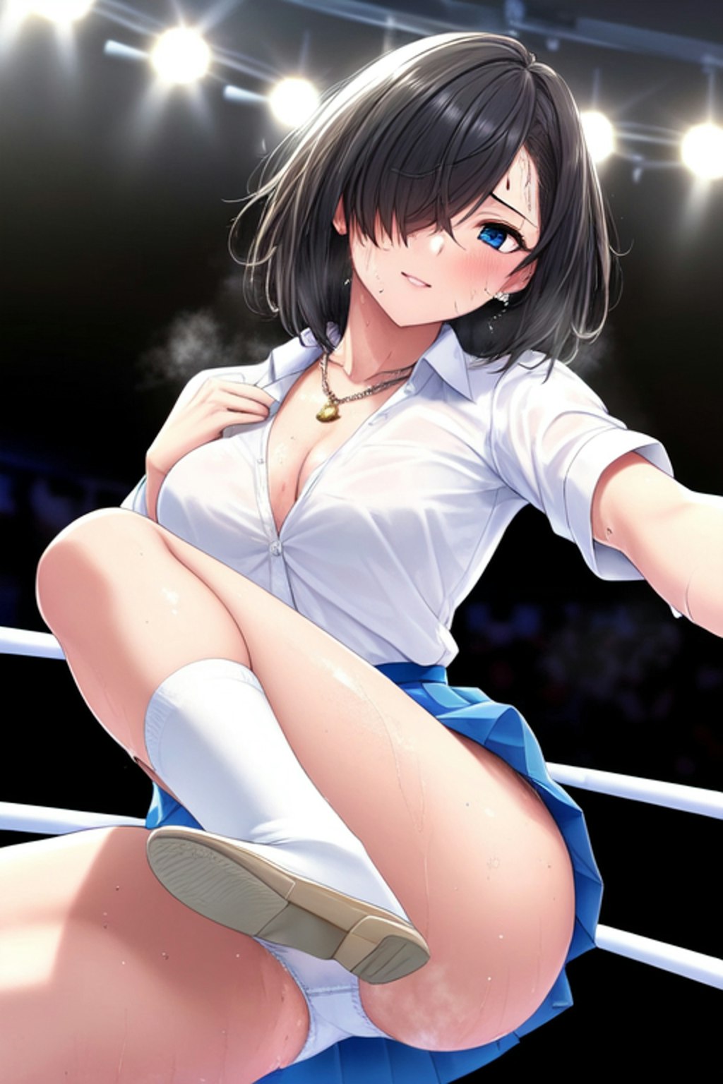 プロレスで汗だくの目隠れ女子